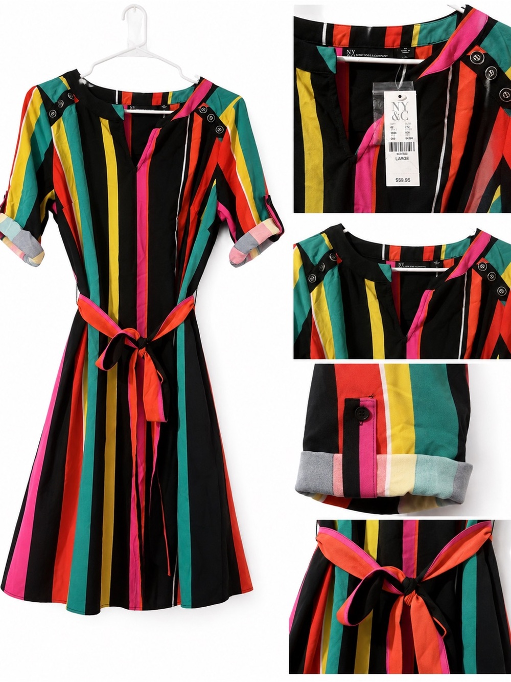 New York & Company Black Multicolor Vertical Stripe Midi Dress with Belt